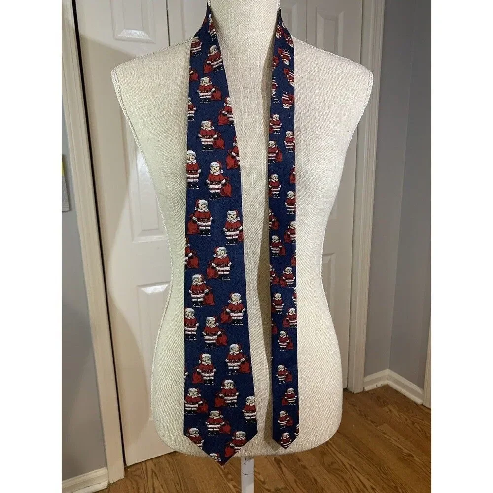 Renaissance Santa Teddy Bear Christmas Tie Blue Print Amals Hand Made Used